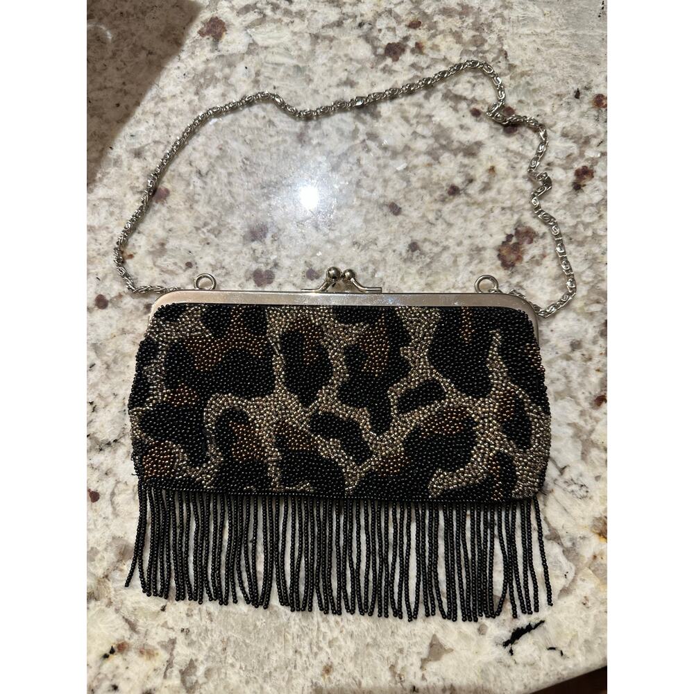 XOXO New York beaded leopard print evening bag